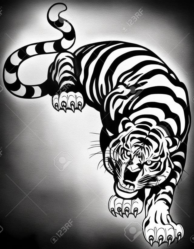 angry tiger, black and white tattoo illustration 