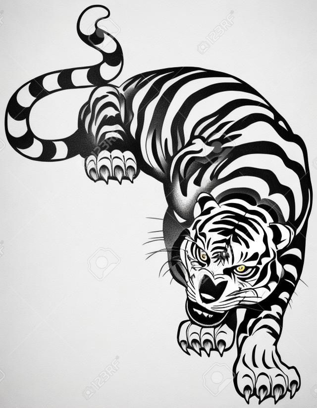 angry tiger, black and white tattoo illustration 