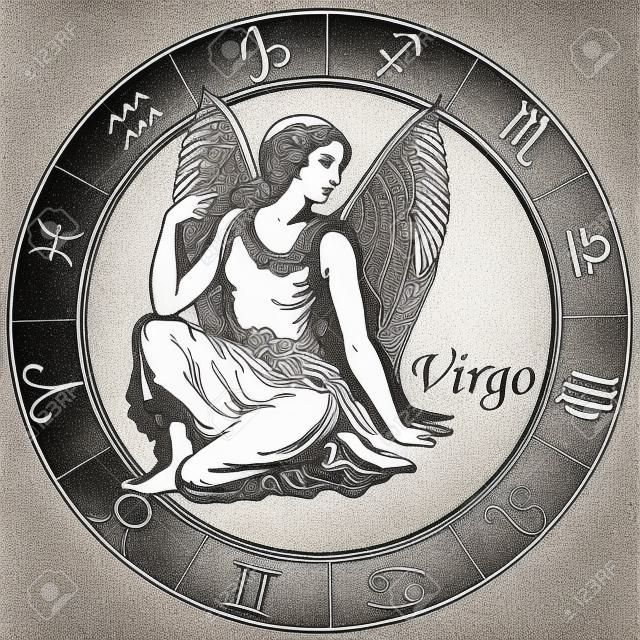 virgo astrological zodiac sign, black and white image 