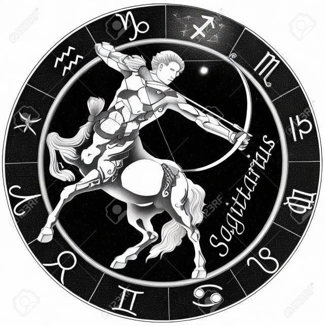 sagittarius de centaur boogschutter, astrologische dierenriem teken, zwart en wit geïsoleerd beeld