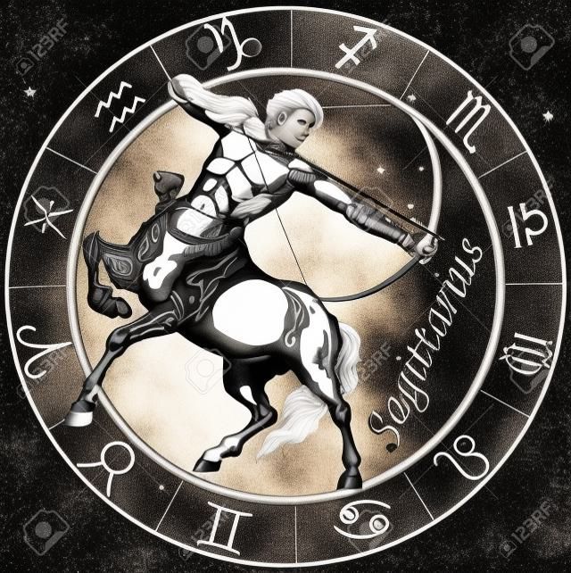 sagittarius de centaur boogschutter, astrologische dierenriem teken, zwart en wit geïsoleerd beeld