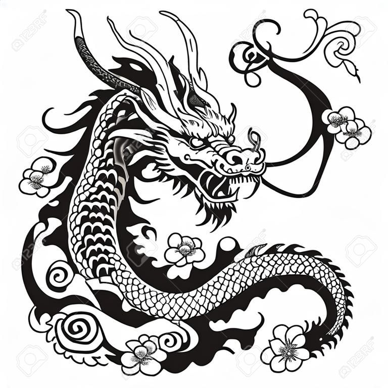 kínai sárkány, fekete-fehér tetoválás illusztráció
