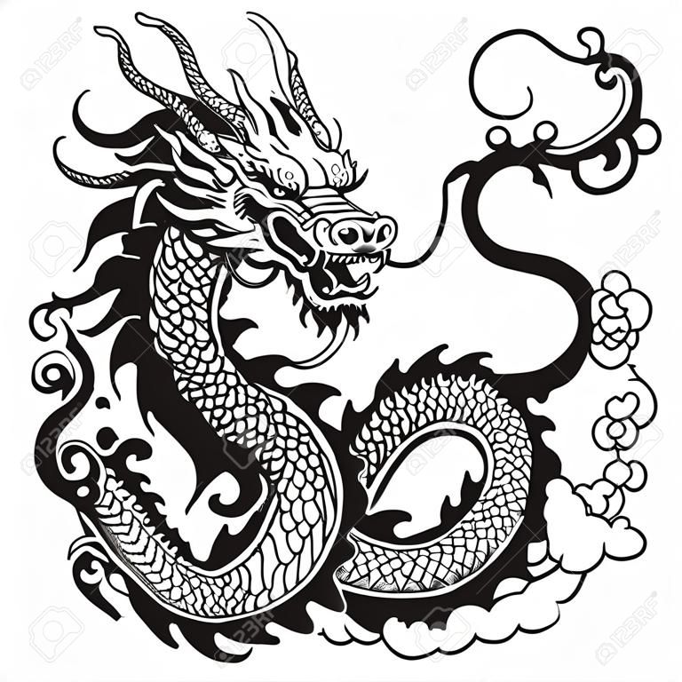 dragão chinês, ilustração de tatuagem preta e branca