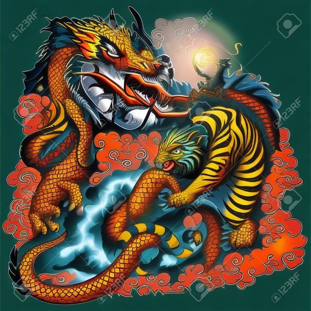dragon and tiger fighting illustration