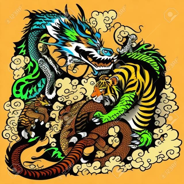 Drachen und Tiger Kampf Darstellung