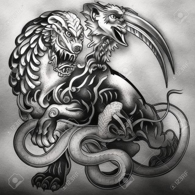 the mythological monster chimera , black and white tattoo illustration