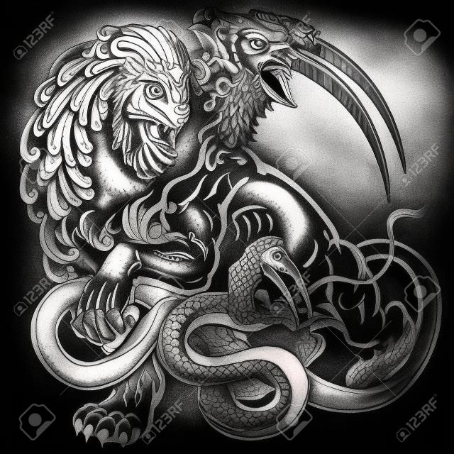the mythological monster chimera , black and white tattoo illustration