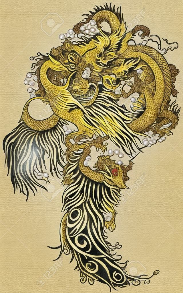 Chinese jade dragon and gold phoenix feng huang playing with a pearl ball . Tattoo illustration