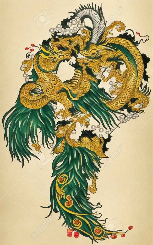 Chinese jade dragon and gold phoenix feng huang playing with a pearl ball . Tattoo illustration
