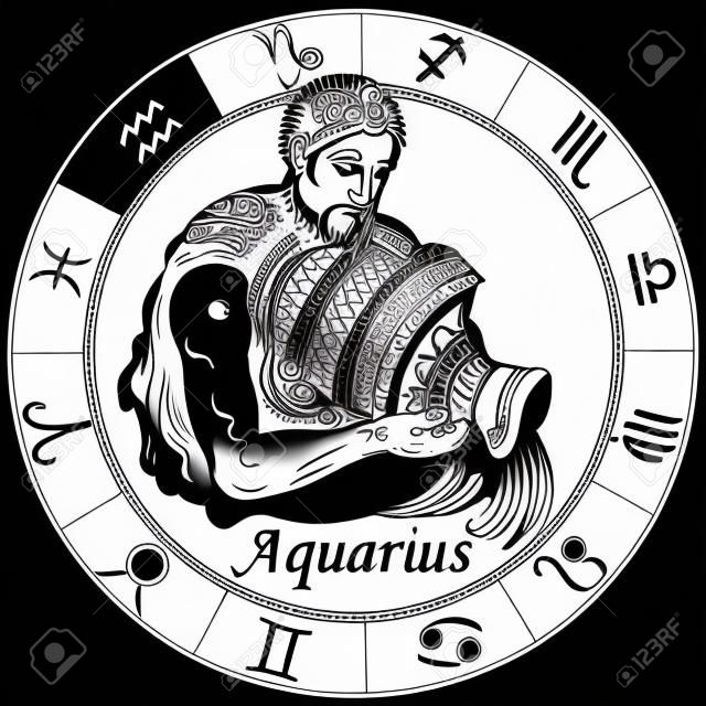 aquarius astrologische horoscoop teken in de dierenriem wiel. Zwarte en witte vector illustratie