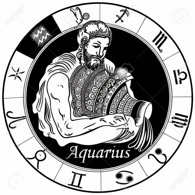 Signo del horóscopo astrológico del acuario en la rueda del zodiaco. Ilustración de vector blanco y negro