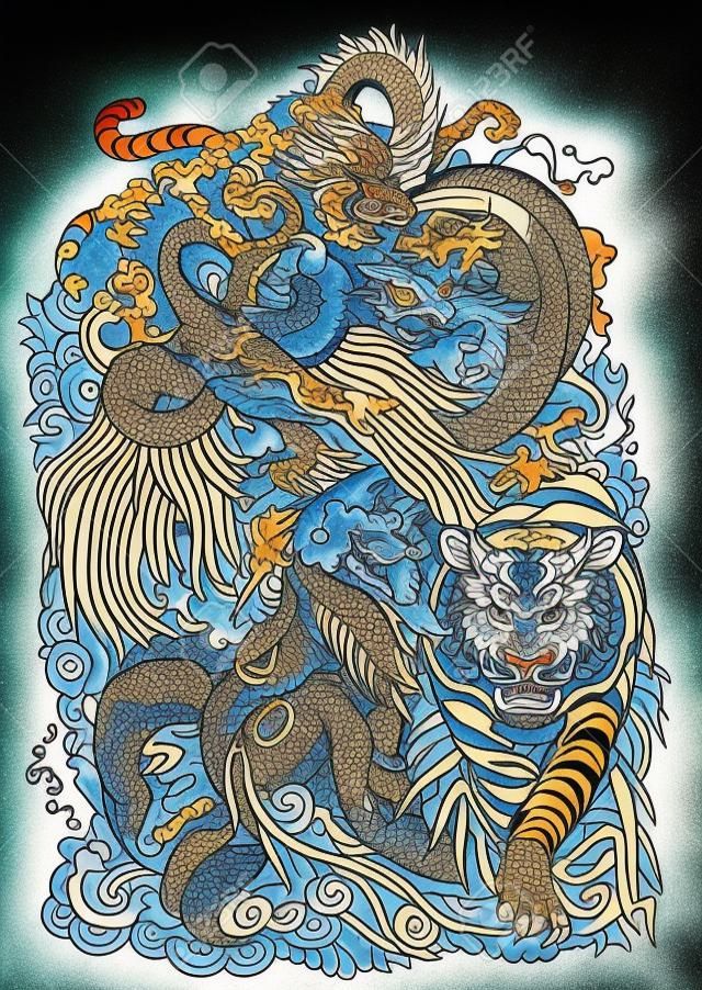 cztery niebiańskie zwierzęta w feng shui. Smok, feniks, żółw i tygrys. Mitologiczne stworzenia w chińskich konstelacjach. Ilustracja tatuaż