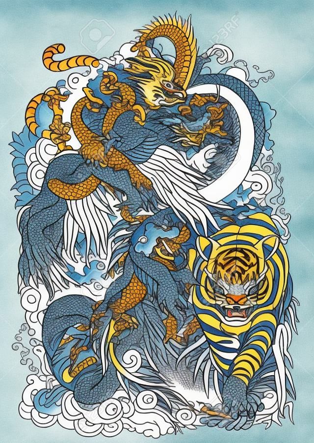 four celestial animals in feng shui. Dragon,phoenix, turtle and tiger. The mythological creatures in the Chinese constellations. Tattoo illustration