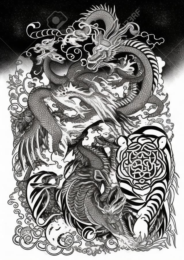 four celestial animals in feng shui. Dragon,phoenix, turtle and tiger. The mythological creatures in the Chinese constellations.Black and white tattoo illustration