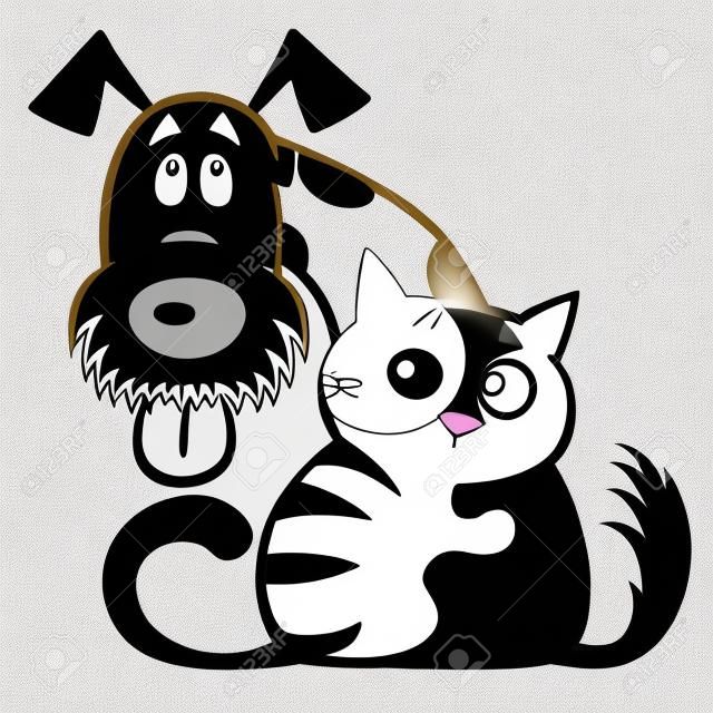 Cartoon kleine Katze , die seinen Hund umarmt . Eltern . Haustiere . Schwarz-Weiß-Foto