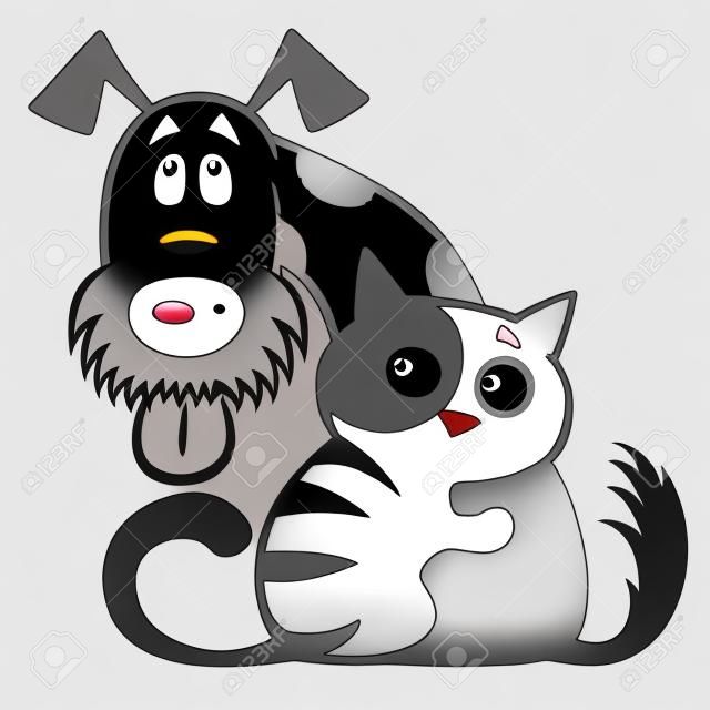 Piccolo gatto del fumetto che abbraccia il suo amico del cane. Amicizia animali domestici Logo in bianco e nero