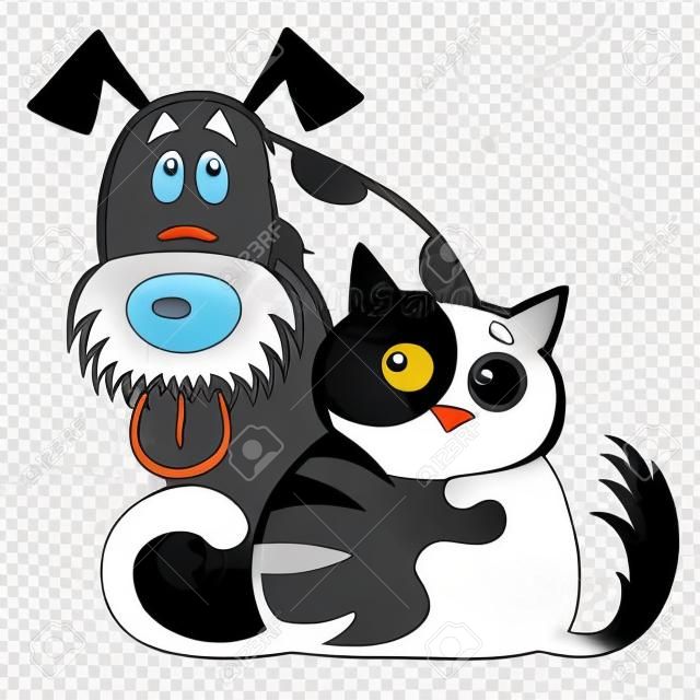 Cartoon kleine Katze , die seinen Hund umarmt . Eltern . Haustiere . Schwarz-Weiß-Foto