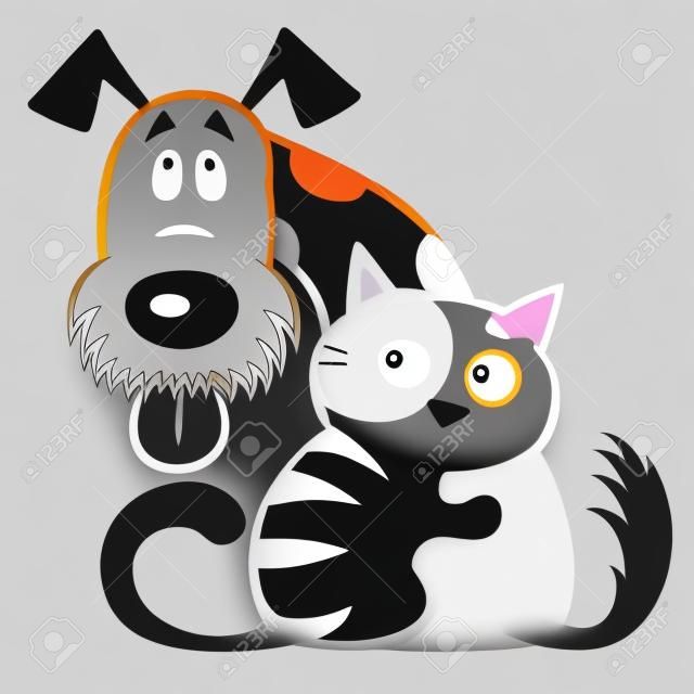 Piccolo gatto del fumetto che abbraccia il suo amico del cane. Amicizia animali domestici Logo in bianco e nero