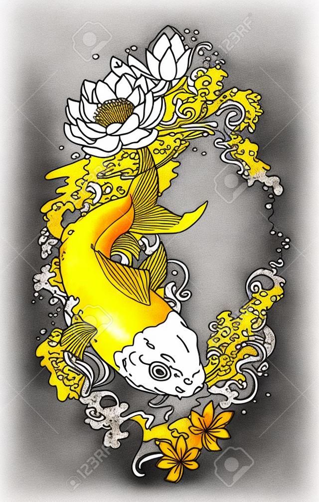 日本錦鯉金鯉魚。與水飛濺的蓮花和風水金錢硬幣。插圖紋身風格繪圖