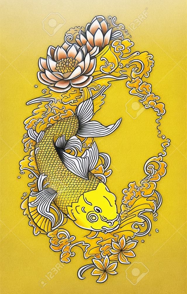 日本錦鯉金鯉魚。與水飛濺的蓮花和風水金錢硬幣。插圖紋身風格繪圖