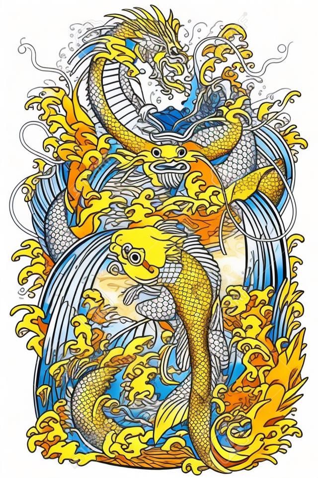 gouden draak en koi karper vis die probeert te bereiken de top van de waterval. Tattoo stijl vector illustratie volgens oude Chinese en Japanse mythe