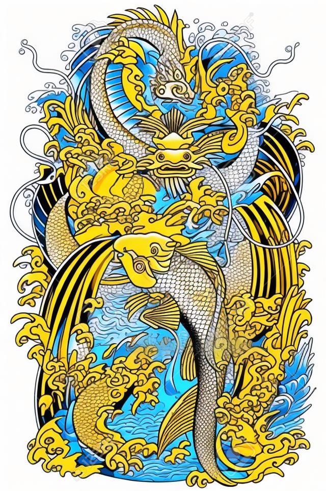 gouden draak en koi karper vis die probeert te bereiken de top van de waterval. Tattoo stijl vector illustratie volgens oude Chinese en Japanse mythe