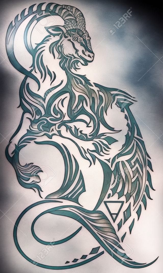 Znak zodiaku Koziorożec. Mitologiczny stwór w stylu plemiennego tatuażu. Astrologiczna koza morska, w tym symbole planety Saturn i ziemi