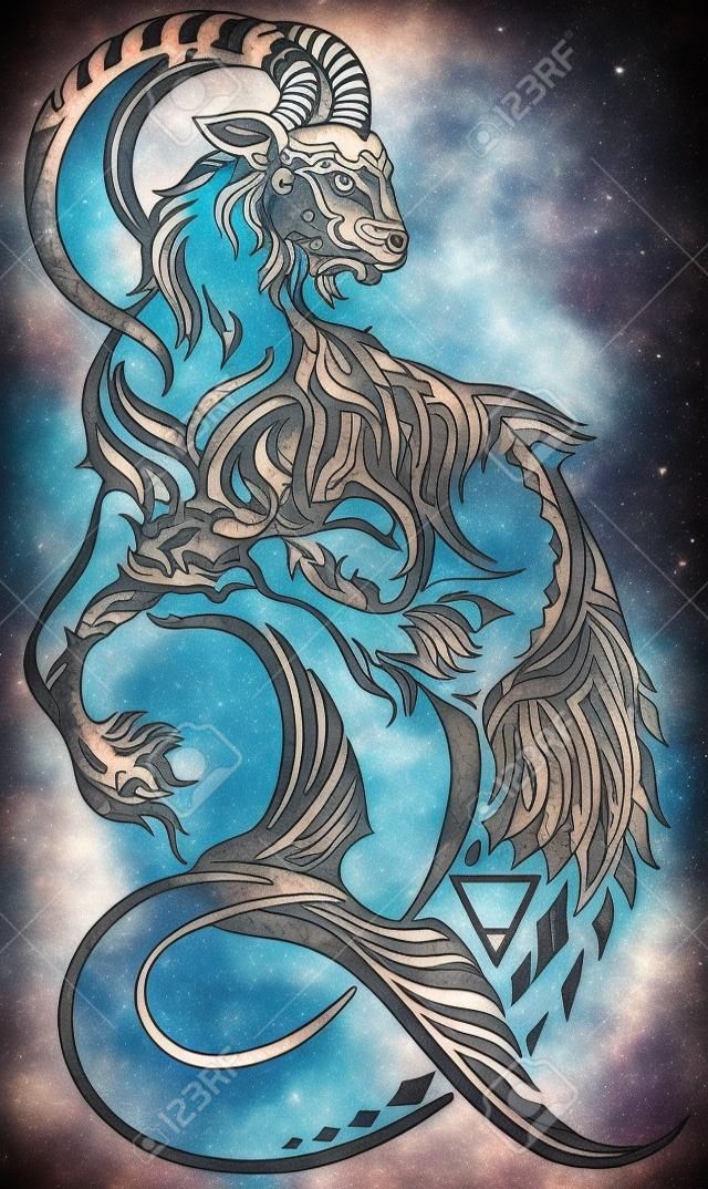 Oğlak burcu. Kabile dövme tarzı mitolojik yaratık. Satürn gezegeni ve dünyasının sembolleri dahil astrolojik deniz keçisi