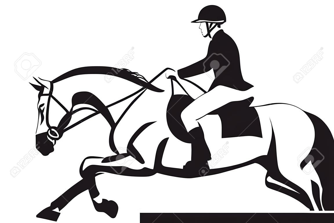 Il cavallo e il cavaliere saltano sopra un ostacolo, nell'illustrazione in bianco e nero di vettore di vista laterale.
