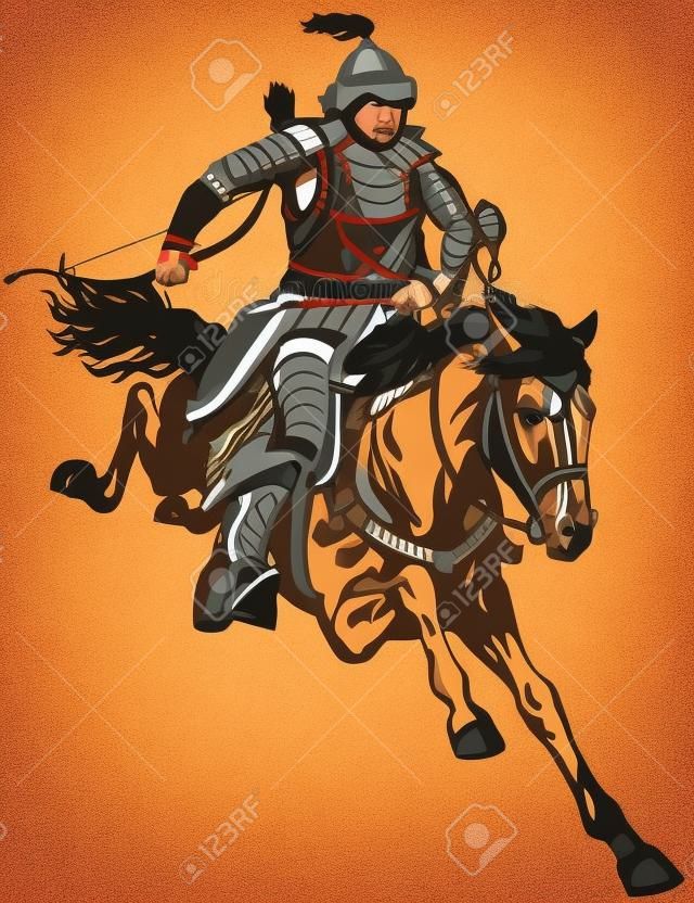 Arquero guerrero mongol a caballo montado en un caballo pony al galope y sosteniendo un arco. Tiempo medieval de Genghis Khan. Ilustración vectorial aislado