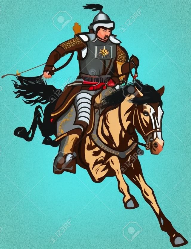 Mongolski łucznik wojownik na koniu jadący galopem na kucyku z łukiem. Średniowieczne czasy Czyngis-chana. Ilustracja na białym tle wektor