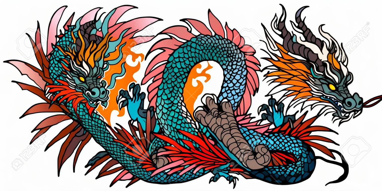 azul también dragón chino verde azul. Criatura mitológica asiática y oriental. Ilustración de vector de estilo de tatuaje aislado