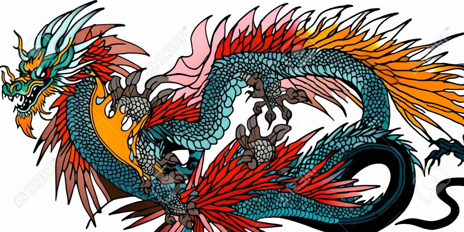 azurblau auch blaugrüner chinesischer Drache. Asiatische und östliche mythologische Kreatur. Isolierte Tattoo-Stil-Vektor-Illustration