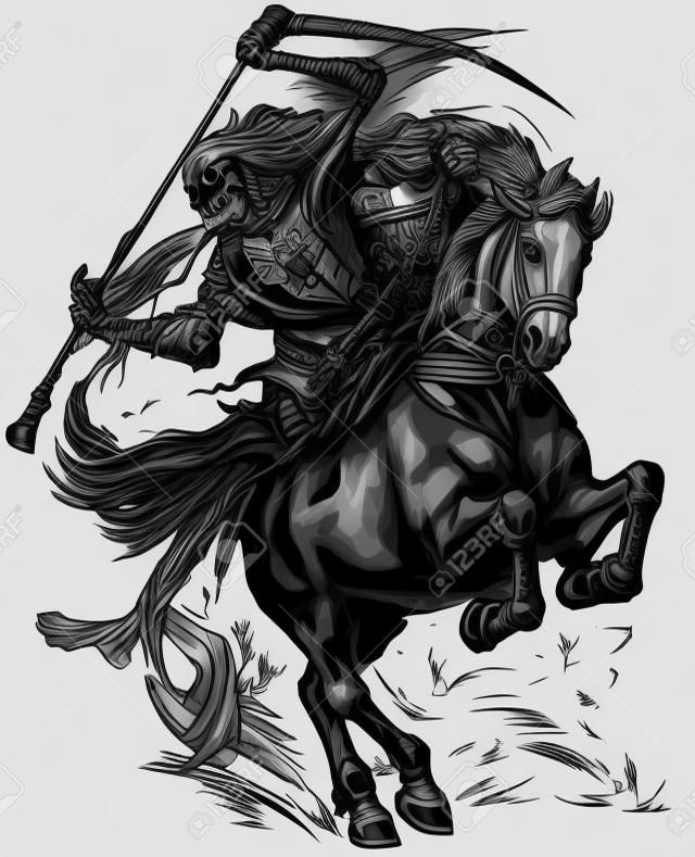 jinete de la Parca sosteniendo una guadaña y sentado a caballo. Jinete oscuro de la muerte. Caballo en el galope. Ilustración de vector de estilo de tatuaje blanco y negro