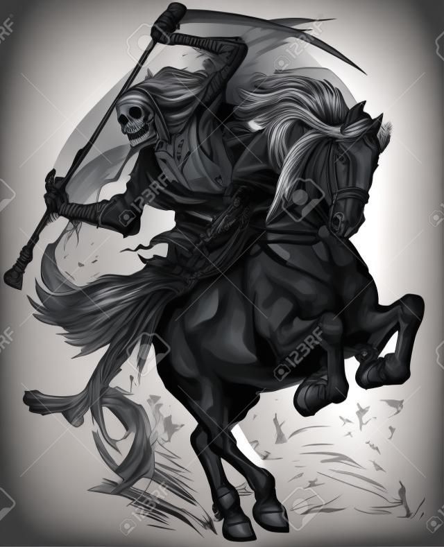 jeździec ponury żniwiarz trzymający kosę i siedzący na koniu. Mroczny jeździec śmierci. Koń w galopie. Ilustracja wektorowa stylu tatuaż czarno-biały