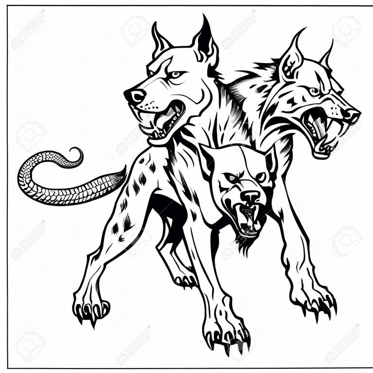 Cerberus hellhound Mythological cão de três cabeças a guarda de entrada para o inferno. Cão de Hades. Isolado tatuagem estilo preto e branco ilustração vetorial