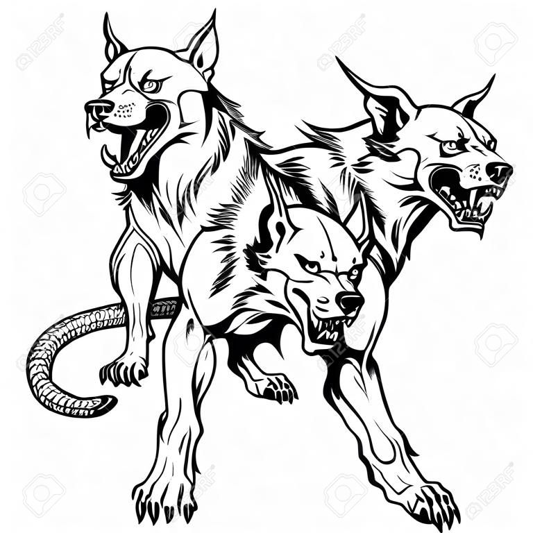 Cerberus hellhound Mythological cão de três cabeças a guarda de entrada para o inferno. Cão de Hades. Isolado tatuagem estilo preto e branco ilustração vetorial
