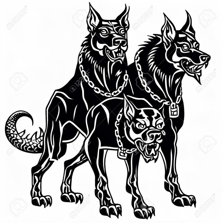Cerberus hellhound Mythological three headed dog the guard of entrance to hell. Hound of Hades. Isolated tattoo style black and white vector illustration