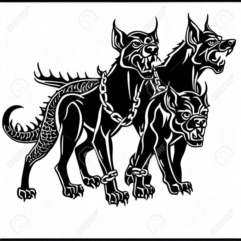 Cerberus hellhound Mythological three headed dog the guard of entrance to hell. Hound of Hades. Isolated tattoo style black and white vector illustration