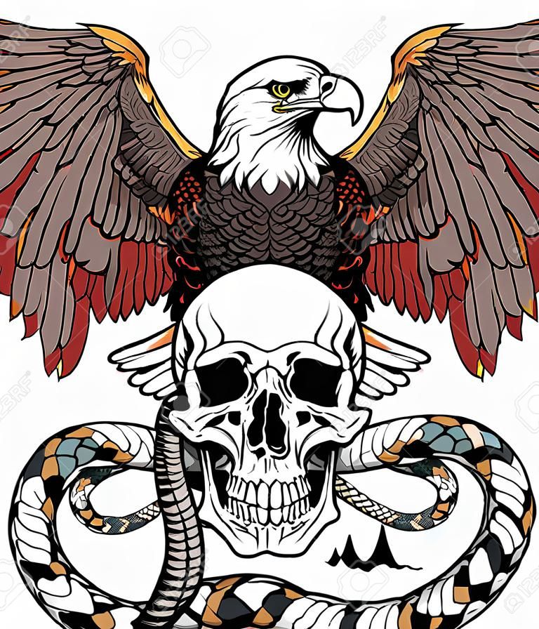 Eagle sitting on the human skull wrapped with the snake. Angry dangerous rattlesnake. Black and white Tattoo style vector illustration. Front view
