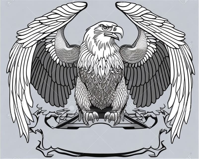 Aquila con le ali aperte seduto sul nastro bianco. Vista frontale. Illustrazione vettoriale isolato in bianco e nero