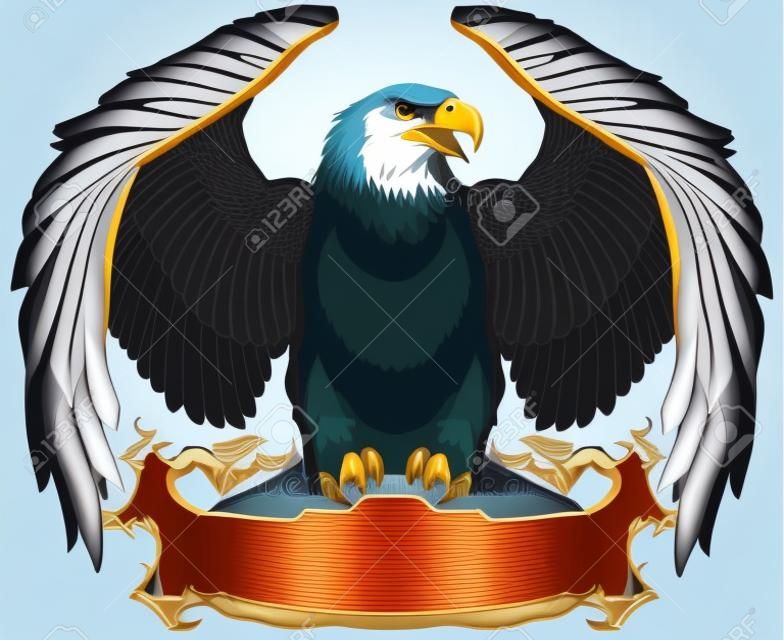 Eagle with opened its wings sitting on the blank ribbon. Front view. Isolated vector illustration