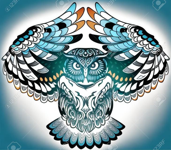 flying owl with open wings looking deep with a sharp gaze. Tattoo. Front view vector illustration