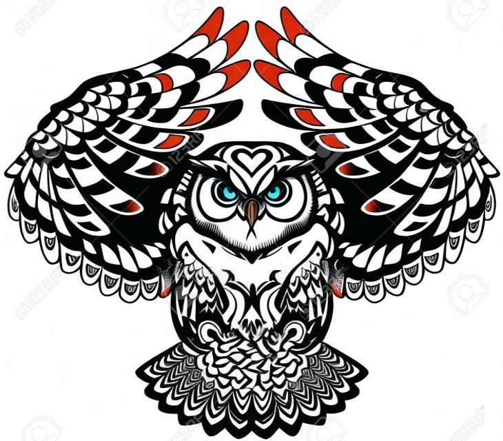 búho volador con las alas abiertas mirando profundo con una mirada aguda. Tatuaje. Ilustración de vector de vista frontal