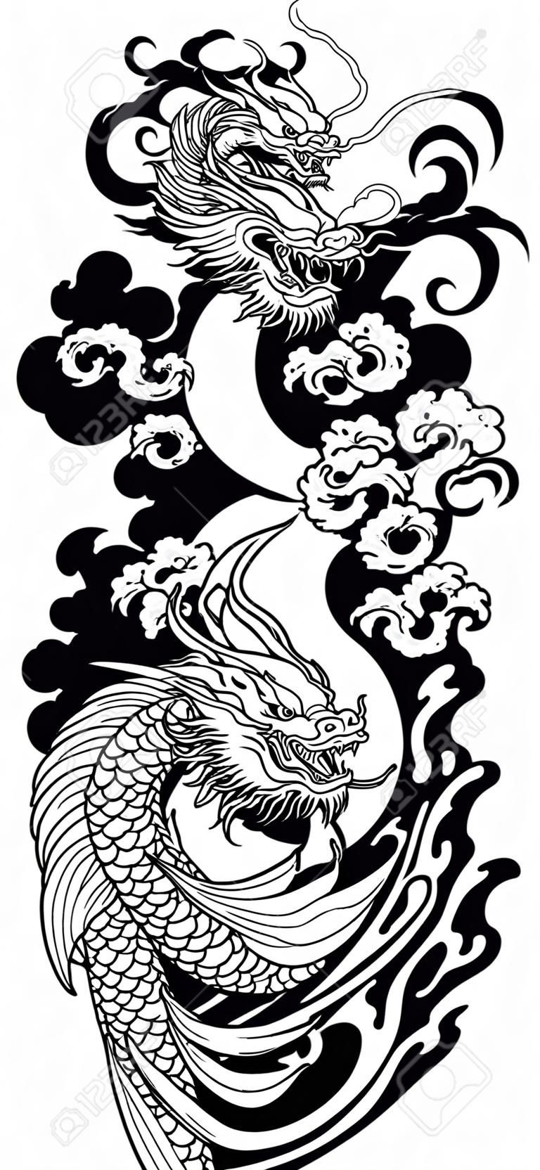 Dragão chinês ou do leste asiático com ondas de água e peixes japoneses da carpa de koi que nadam acima. Tatuagem. Ilustração vetorial