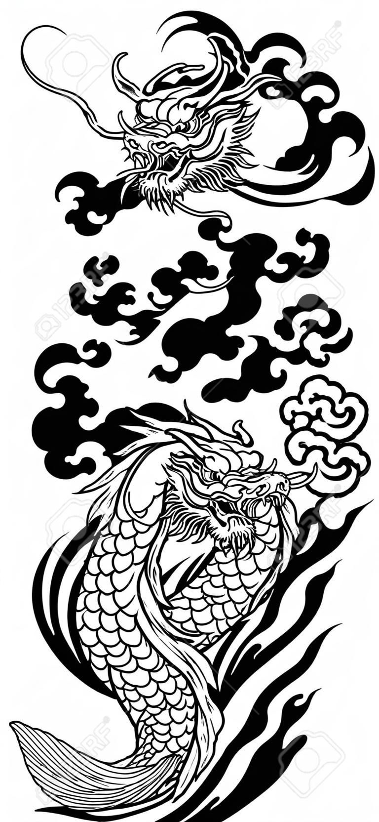 Dragão chinês ou do leste asiático com ondas de água e peixes japoneses da carpa de koi que nadam acima. Tatuagem. Ilustração vetorial