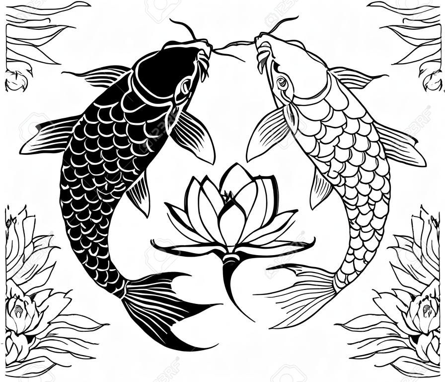 two koi carp fishes and water lily flower. Tattoo. Black and white vector illustration