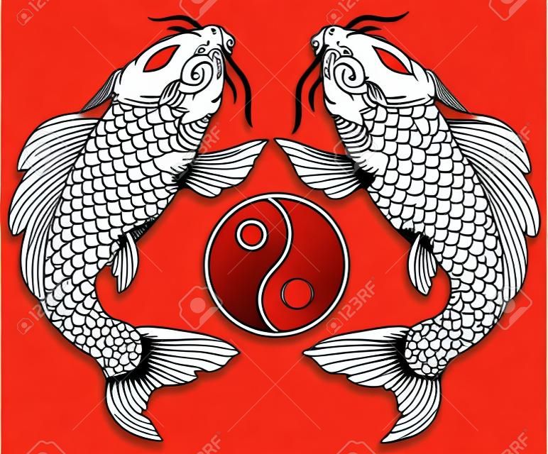 due carpe koi e il cerchio del simbolo yin yang. Tatuaggio. Illustrazione vettoriale nera rossa e bianca