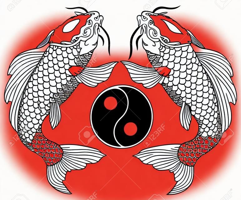dos peces carpa koi y el círculo del símbolo de yin yang. Tatuaje. Ilustración de vector negro rojo y blanco