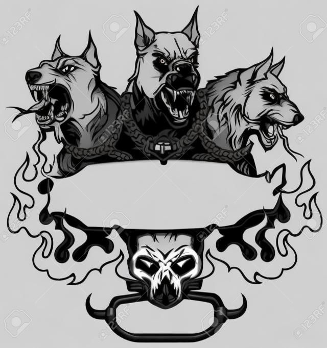 Cerberus hellhound a mythological three-headed dog the guard of the entrance to hell. Hound of Hades with chain on his neck. Design template with a human skull and fire flames.  Black and white vector illustration
